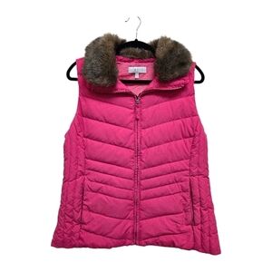 Talbots Pink Quilted Puffer Vest Optional Faux Fur Collar Womens Size Large